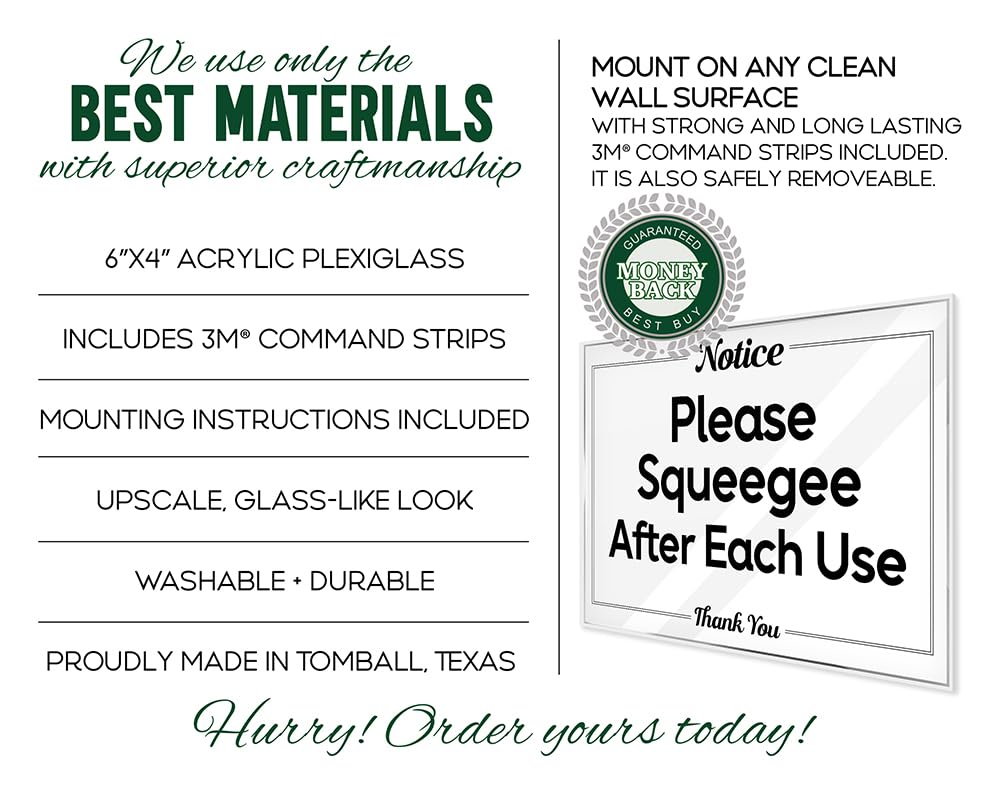 Airbnb Essentials for Hosts Bathroom Signs – 4″x6″ Acrylic Sign wMounting Tape – Please Squeegee After Each Use Bathroom Sign Rental Home