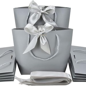 HUAPRINT Bolsas de regalo con asas, bolsas de recuerdo de fiesta con cinta de lazo, 12 bolsas de papel gris para cumpleaños, boda, dama de honor, HUAPRINT Bolsas de regalo con asas, bolsas de recuerdo de fiesta con cinta de lazo, 12 bolsas de papel gris para cumpleaños, boda, dama de honor,