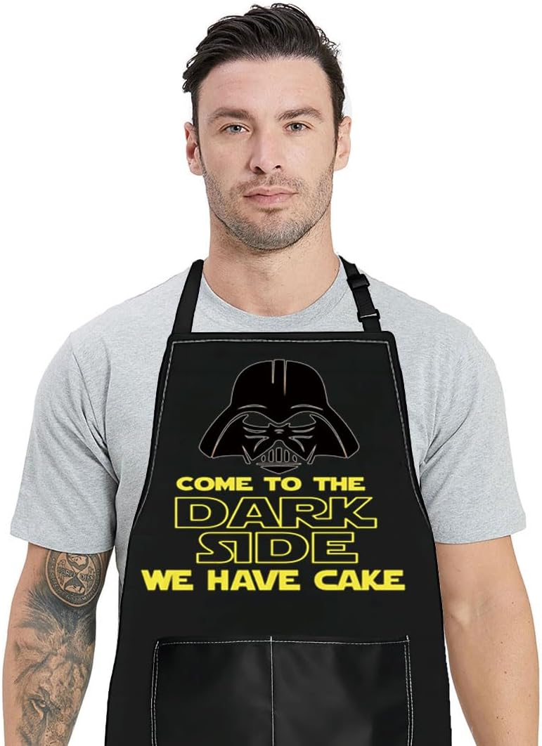 WZMPA Come to the Dark Side We Have Cake Kitchen Delantal de ciencia ficción Regalos de película Darth Casco Delantal para cocinar hornear