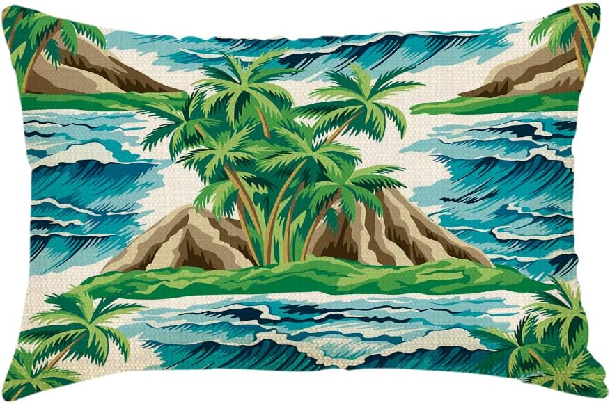 IBILIU Fundas de almohada decorativas hawaianas vintage, isla, palmera, olas del mar, verano, floral, algodón, lino, fundas de almohada lumbares