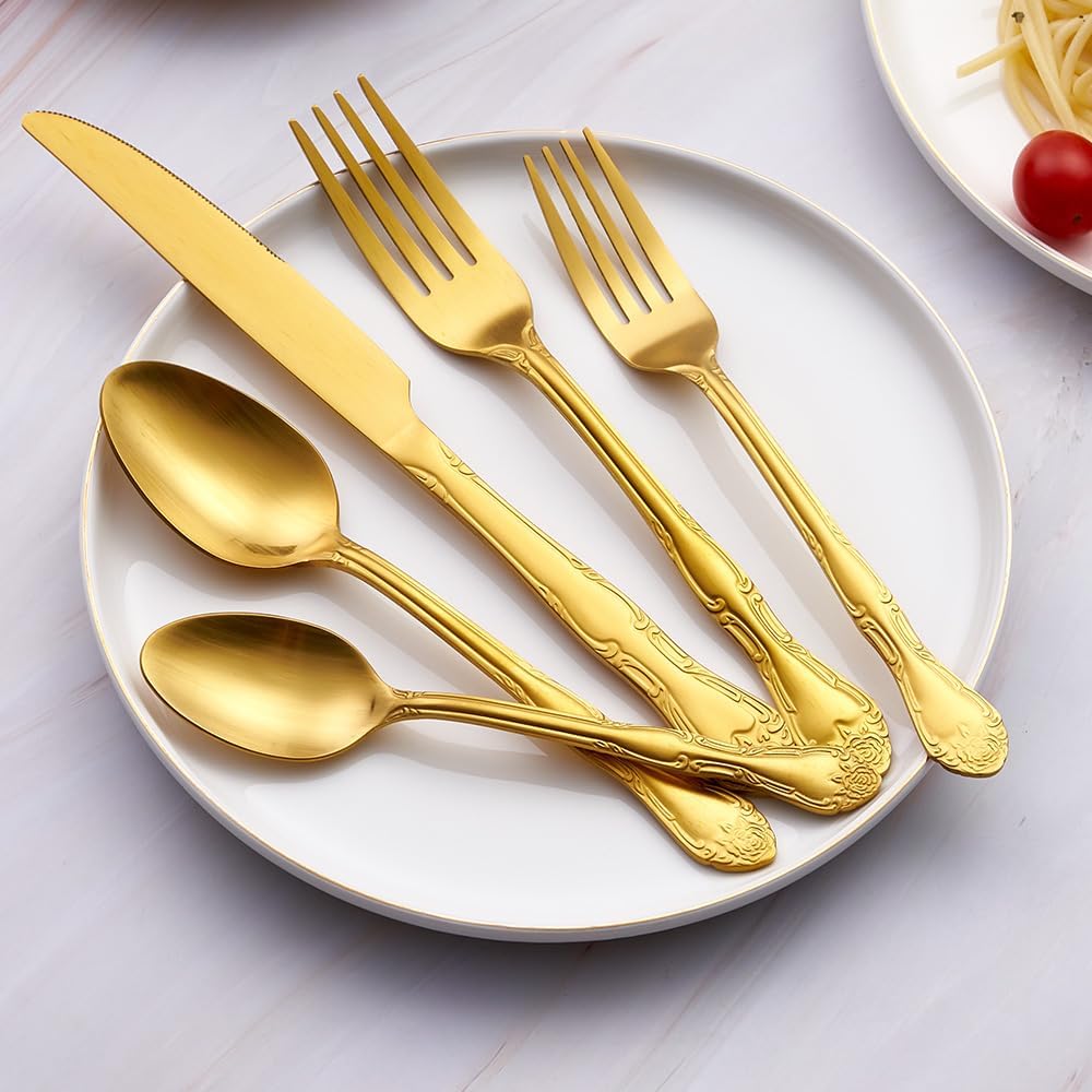 Juego de cubiertos dorados de 30 piezas, cubiertos de acero inoxidable con acabado satinado que incluye tenedores, cucharas y cuchillos, diseño de