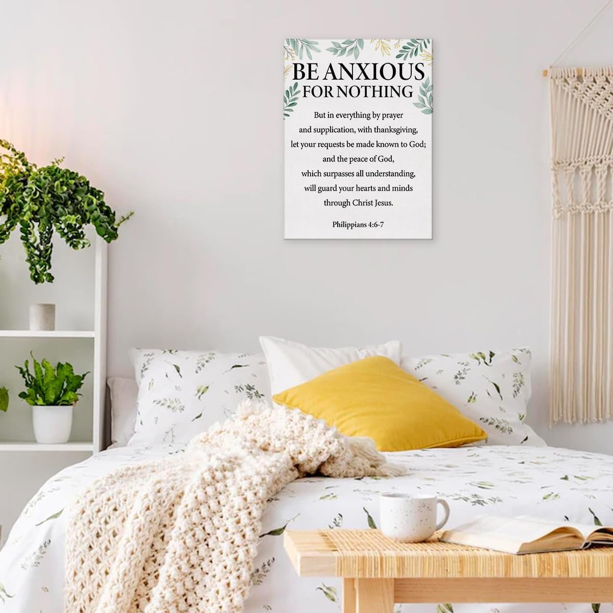 Póster de pared con versículo bíblico positivo con texto en inglés “Be Anxious for Nothing”, pintura enmarcada de Filipenses 46-7 para decoración