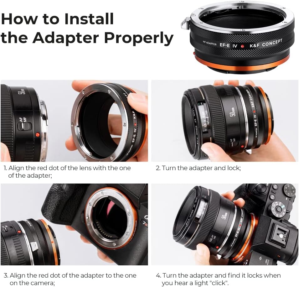 K&F Concept Adaptador de montaje de lente EOS-NEX IV IV Enfoque manual compatible con lente Canon (EFEF-S) y cuerpo de cámara Sony E, sin enfoque