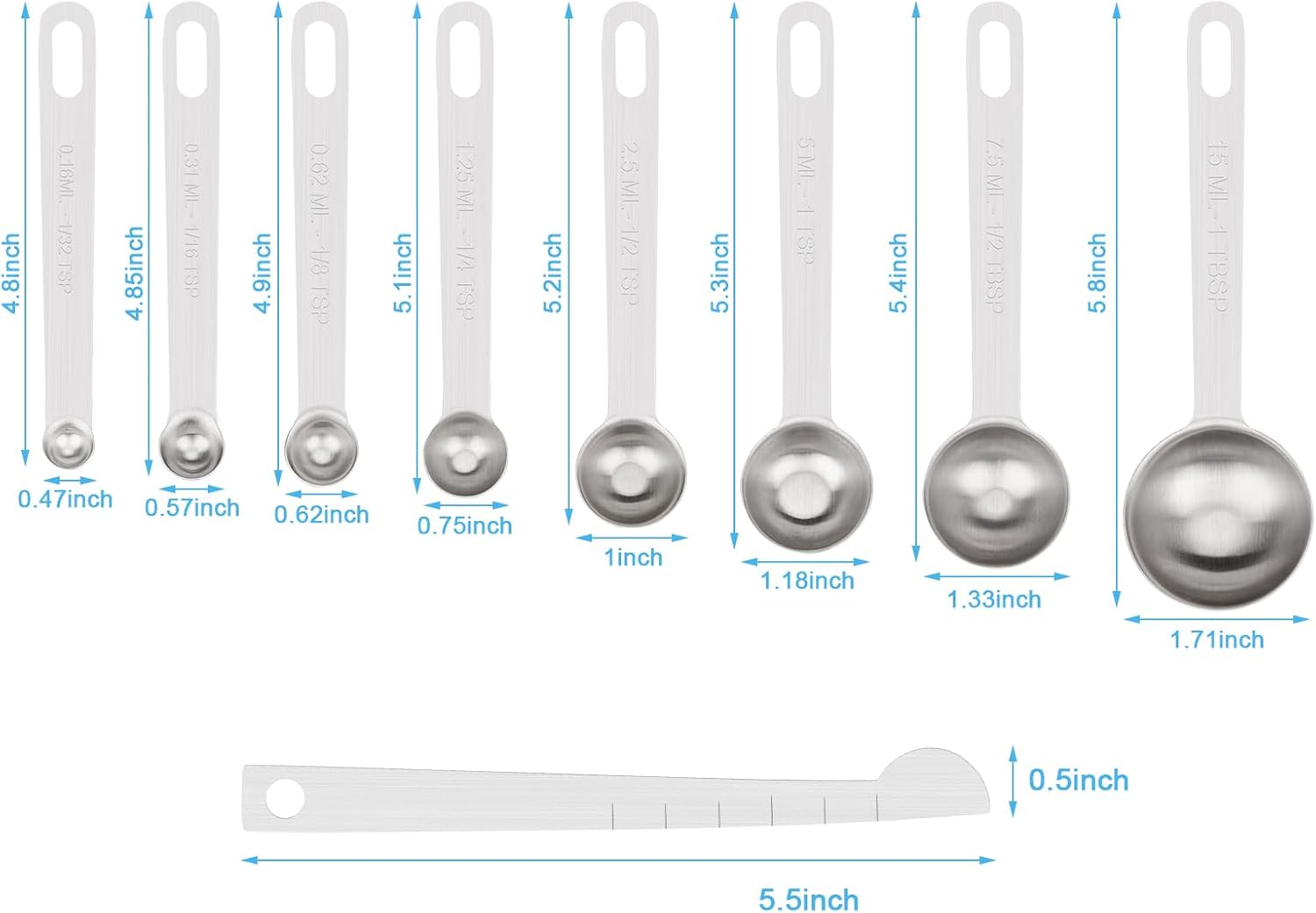 Juego de 9 cucharas medidoras de acero inoxidable, cucharadas pequeñas, cucharaditas, juego de 8 con nivelador adicional para líquidos y secos, cabe