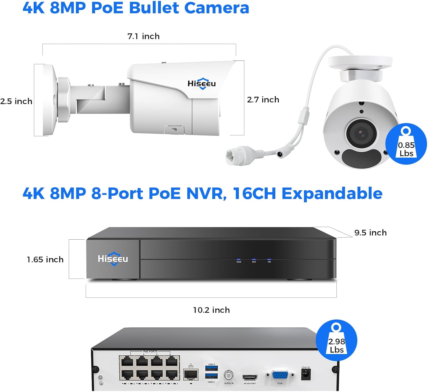 4K HD+3TB HDD Sistema de cámara de seguridad Hiseeu 4K PoE, sistema de cámara de seguridad PoE con 4 cámaras IP PoE, visión amplia de 121,
