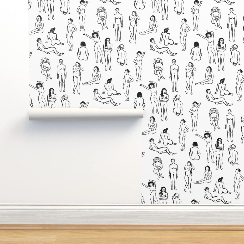 Spoonflower Papel tapiz para despegar y pegar – Mujeres Blanco Negro Mujer Niña Poder Vida Dibujo Cuerpo Mujer Salud Personalizado Papel pintado