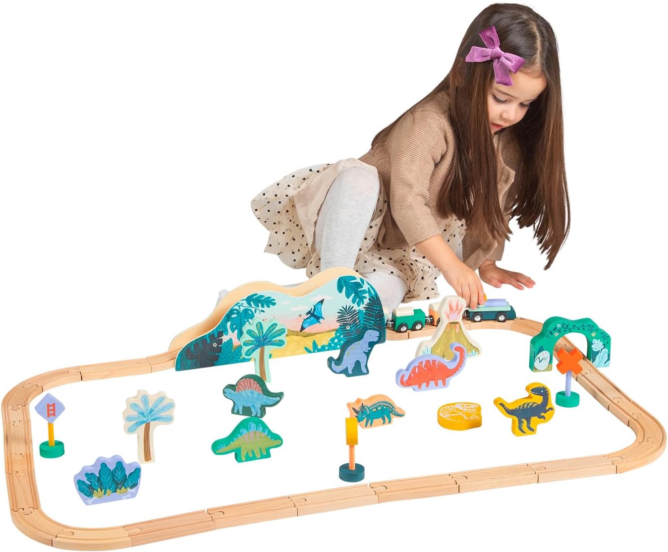 Manhattan Toy T-Rex Express – Juego de tren de juguete de madera con temática jurásica de 45 piezas para niños de 3 años en adelante