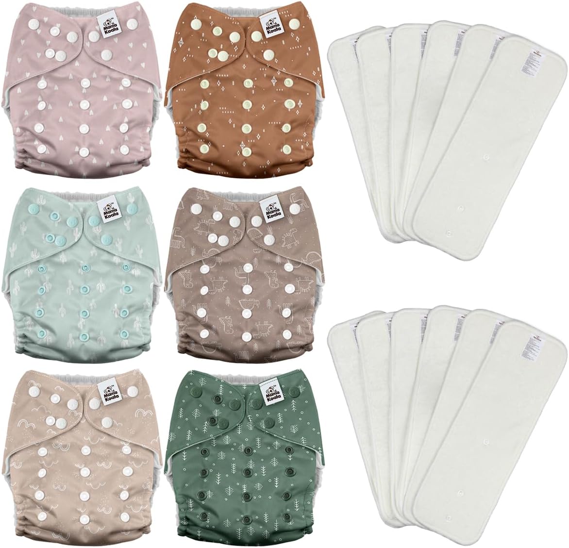 Mama Koala Pañales de tela 3.0 para bebés con forro AWJ, paquete de 6 con 12 insertos de pañales de tela de bambú de 5 capas (sin microfibra),