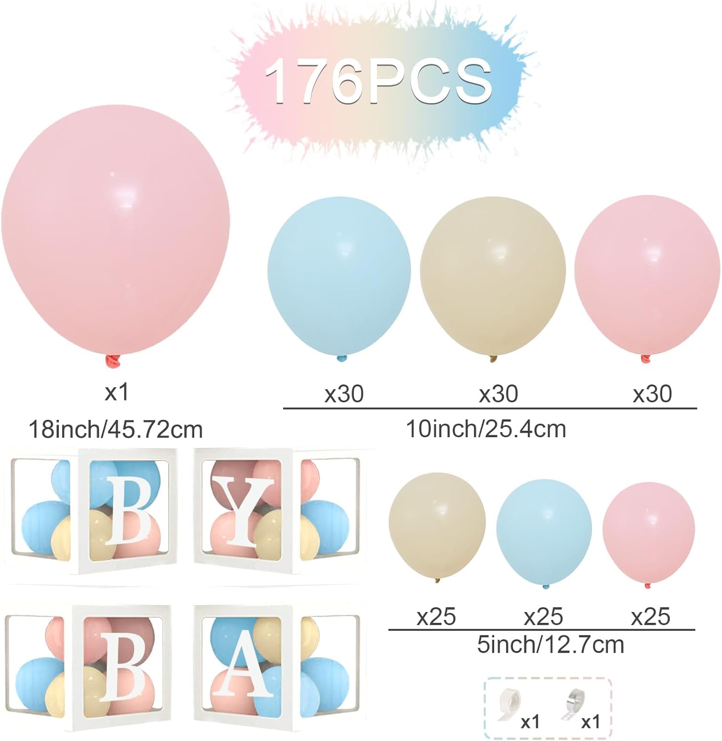 Decoraciones de revelación de género para baby shower, kit de arco de 176 globos rosas y azules, caja de bebé con letras para decoración de