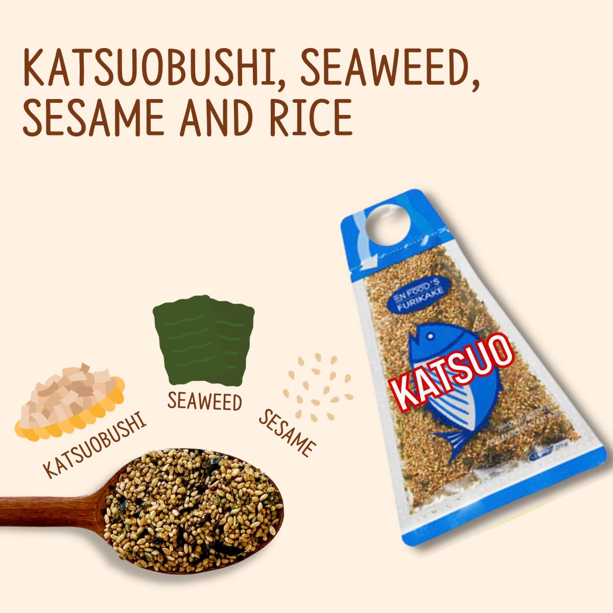Katsuo Bonito Furikake 1.76 onzas (paquete de 3)  Condimento de arroz japonés sabor Umami con copos de algas, bolas de arroz onigiri, sopa y uso