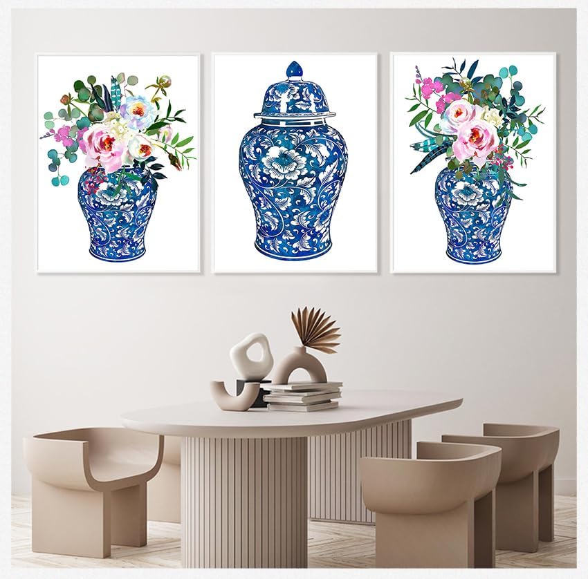 3 piezas de arte de pared de jengibre ramos de acuarela chinoiserie decoración lienzo impreso floral botánico póster florero rosas pintura porcelana