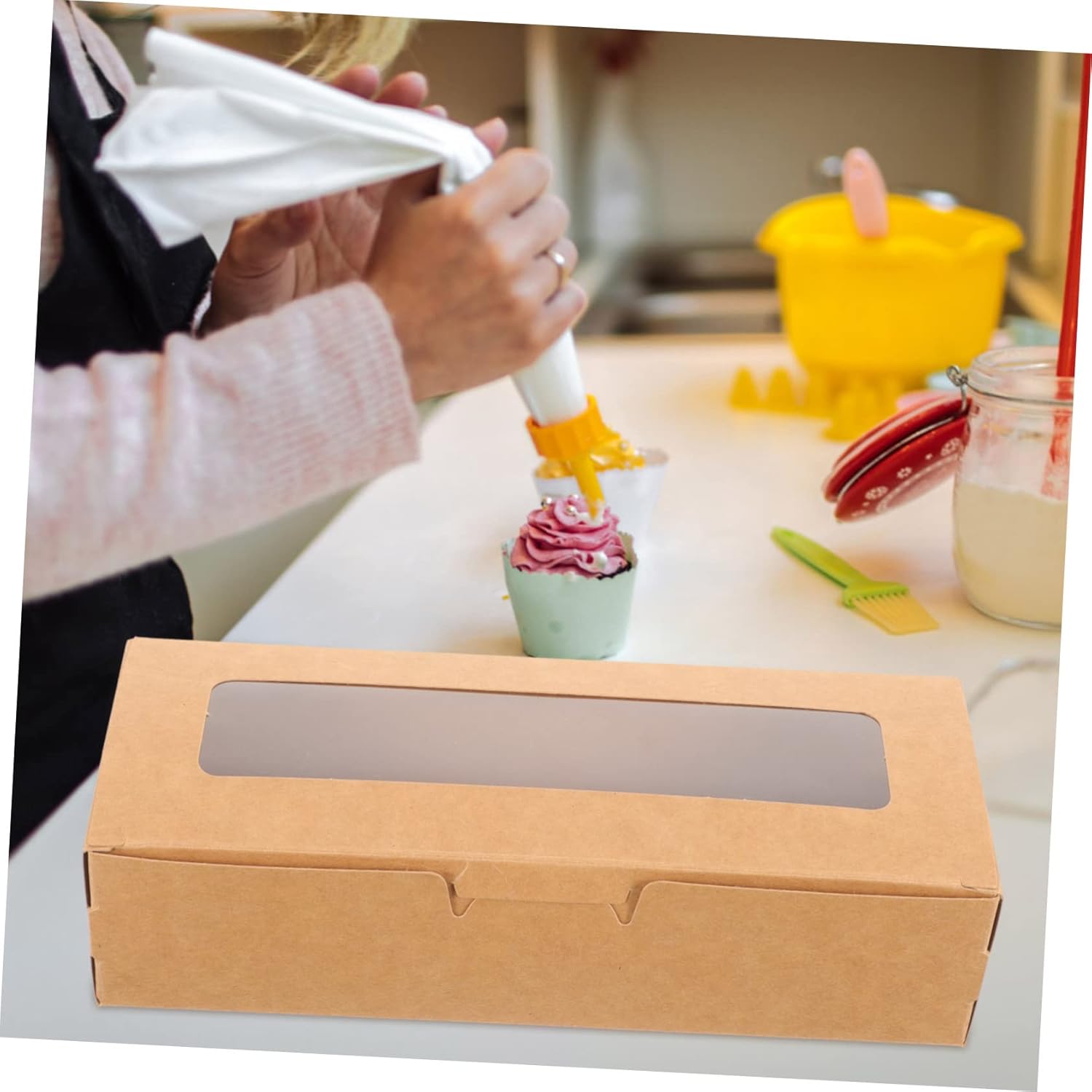 Abaodam Contenedor de embalaje para magdalenas, 60 piezas, donas, contenedor de regalo, caja de postre Kraft, muffins, macarrones, galletas, chispas