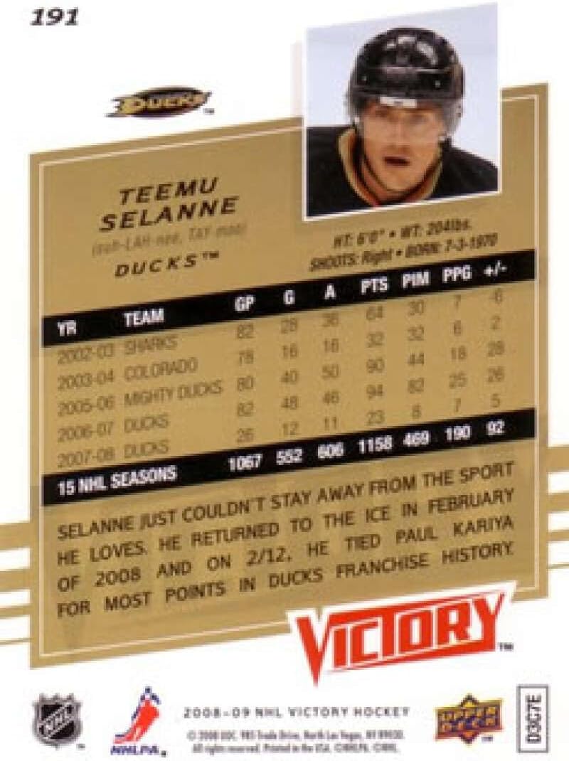 2008-09 Upper Deck Victory Hockey #191 Teemu Selanne Anaheim Ducks Official NHL Trading Card (Stock Photo Shown, Near Mint or Better Condition)