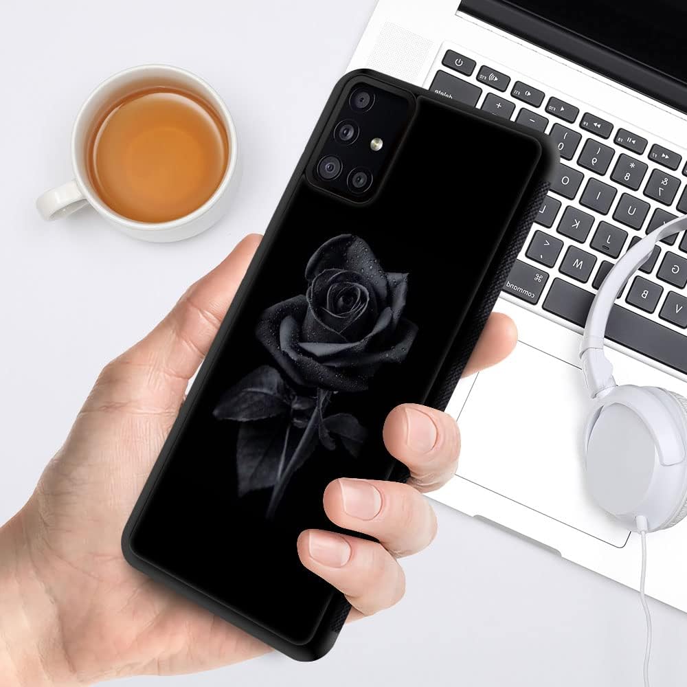 DJSOK Funda compatible con Samsung Galaxy A71 5G, diseño de patrón de lujo de rosa negra para el patrón de atrás+funda protectora de silicona suave