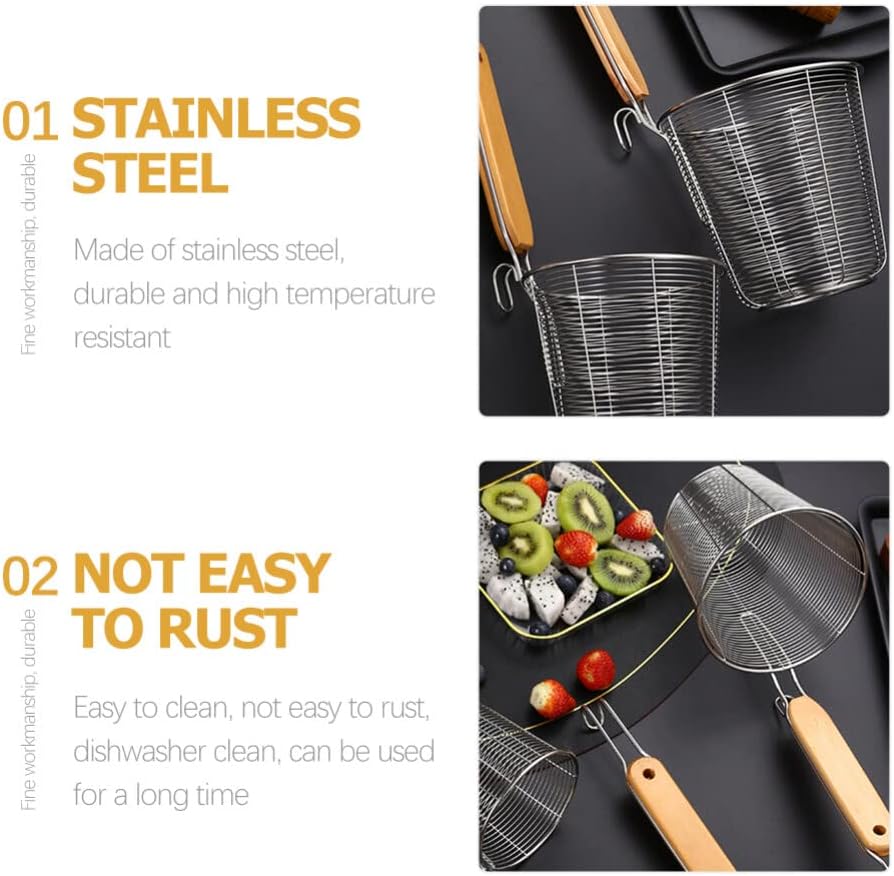 ZzzaNa Cesta de pasta de malla de acero inoxidable con mango de madera, colador de fideos para pasta, cuchara de espagueti, espumadera de cocina,