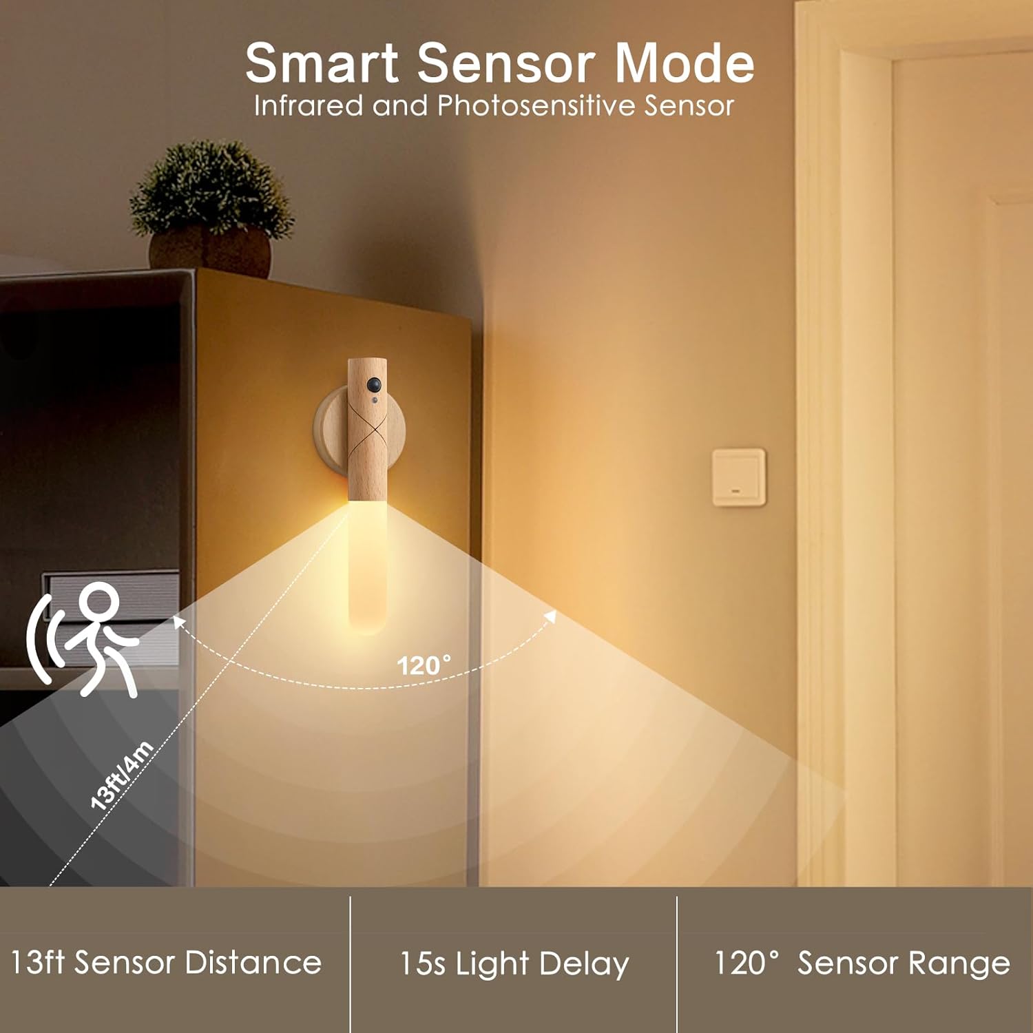 Juego de dos apliques de pared a pilas, sensor de movimiento, luz nocturna, cuerpo magnético, luces de pared recargables a pilas, luces de pared