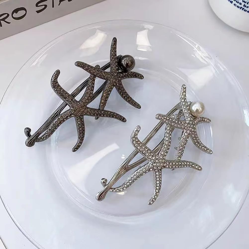 KuuGuu 4 pinzas para el cabello, diseño de estrella de mar, estilo francés, horquilla de metal con estrella de mar, estrella de mar, horquilla de