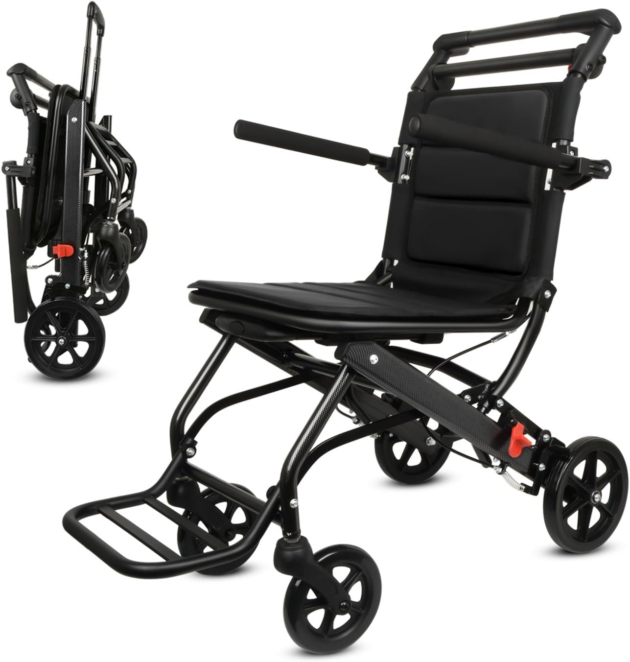 Tripaide Silla de ruedas ligera para adultos, pesa solo 15 libras, silla de ruedas de transporte plegable ultraligera con mango telescópico, bolsa