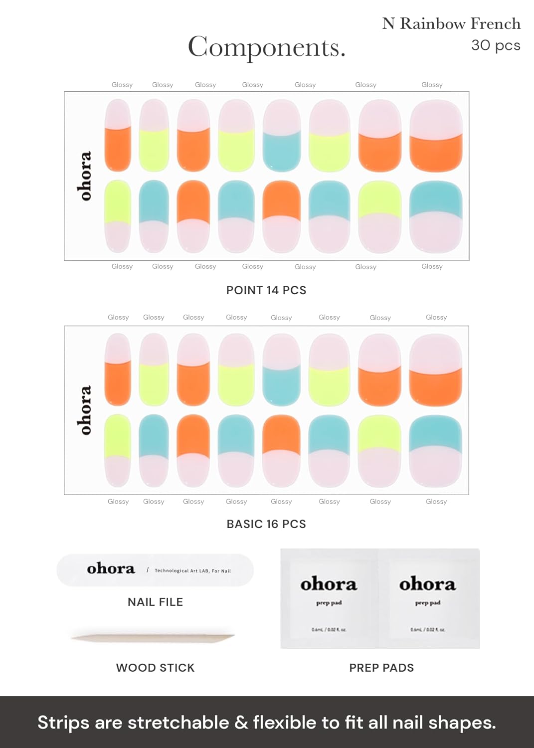 ohora Tiras de uñas de gel semicuradas (N Rainbow French), rango de tamaño extendido, funciona con cualquier lámpara de uñas, calidad de salón,