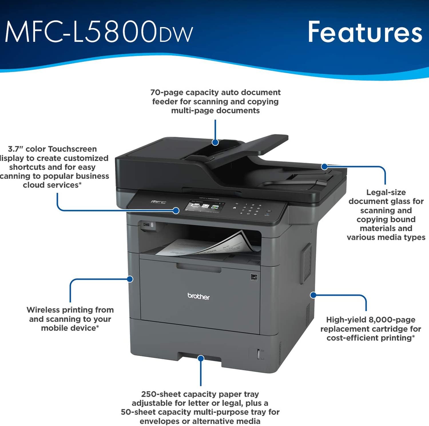 Brother MFC-L5800DWA Impresora láser monocromática inalámbrica todo en uno, color gris – Impresión de copia de fax – 42 ppm, 1200 x 1200 ppp,