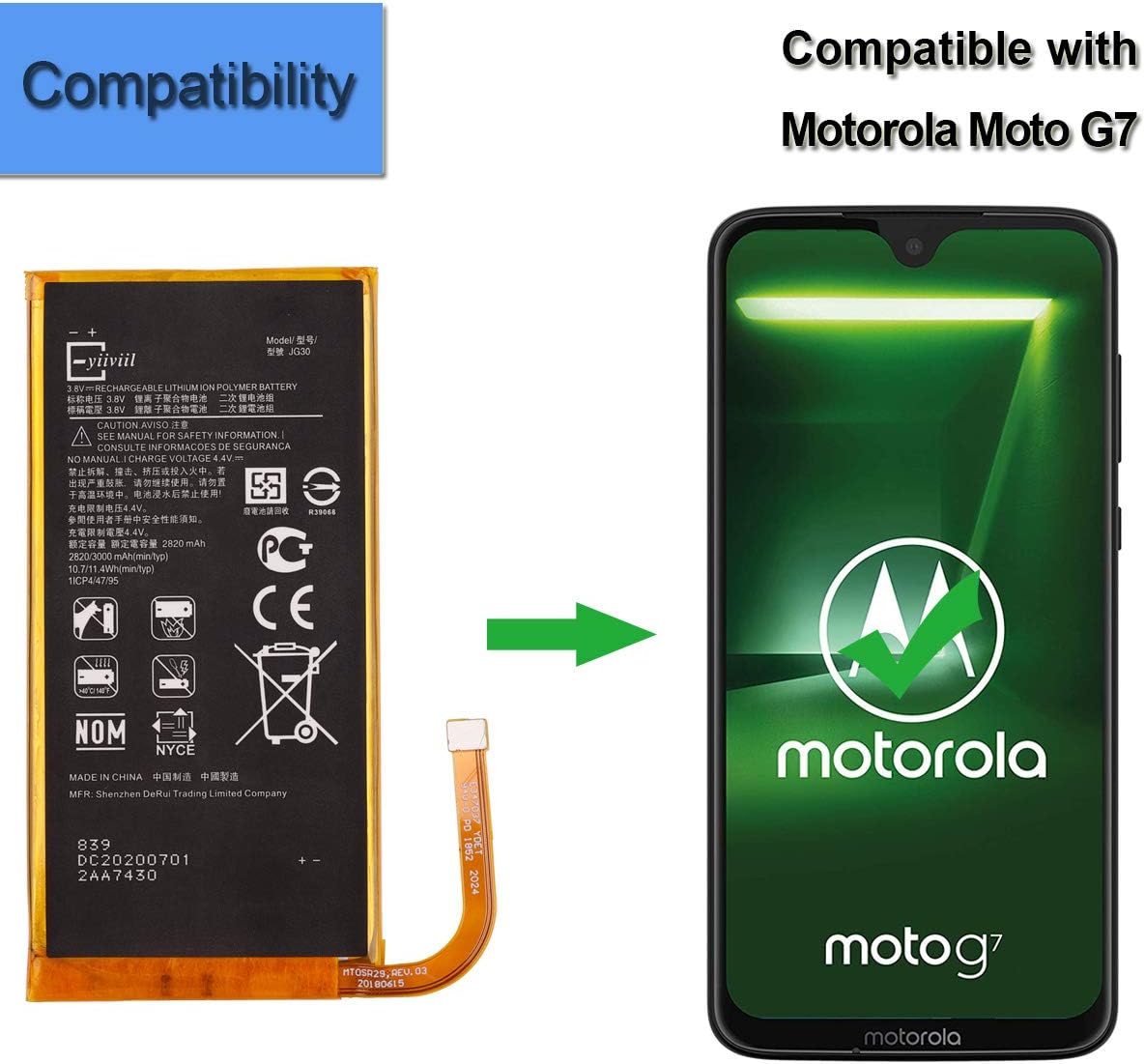 E-YIIVIIL Nueva batería de repuesto JG30 compatible con Moto G7 XT1962-1 XT1962-4 con herramientas