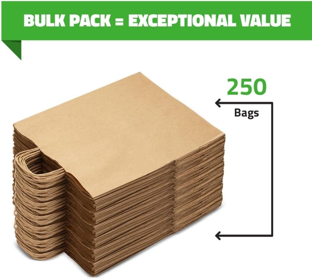 Bolsas de papel kraft marrón a granel con asas (250 piezas) de 5.75 x 3.25 x 8.5 pulgadas, perfectas para compras, comestibles, regalos, bodas,