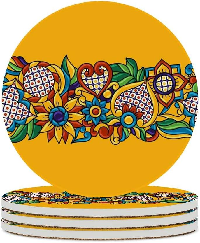 Kuizee Juego de posavasos de talavera mexicana, flores ornamentales amarillas de cerámica absorbente, posavasos, apartamento, cocina, habitación,