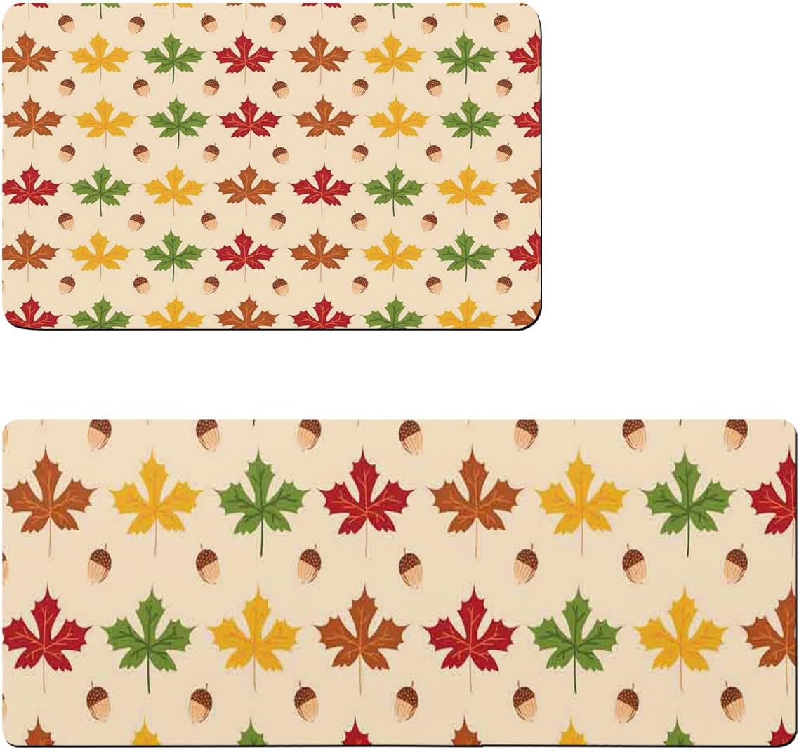 Kitchen Rugs Maple Leaf Autumn Kitchen Runner Rugs Set of 2 Non Skid Bath Mats Set Absorbent Carpet Diatomaceous Floor Mat Standing Mat for Kitchen,