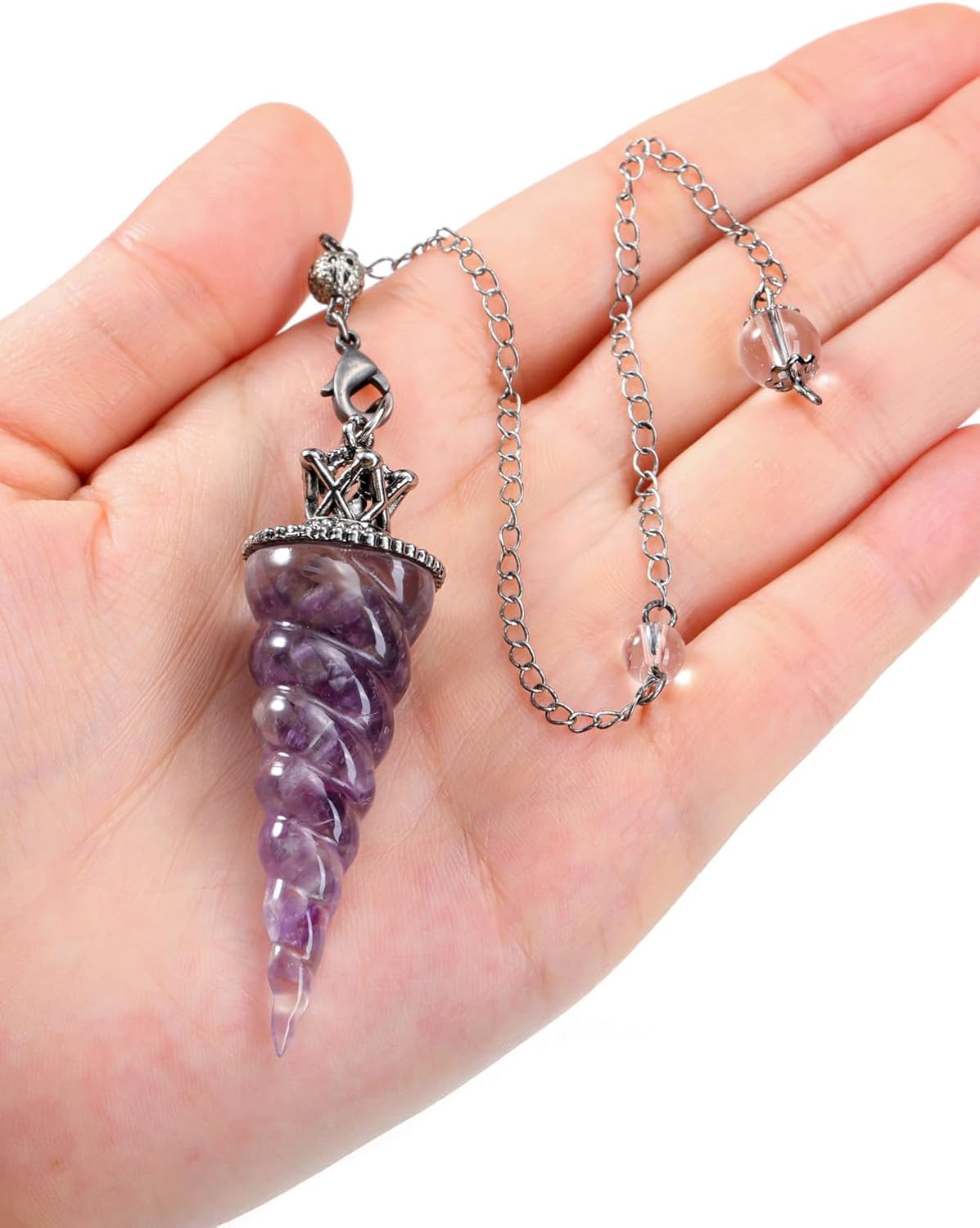 Jovivi Péndulos de cristal de amatista natural para radiestesia de adivinación, corona de cono de espiral, péndulo puntiagudo con cadena, piedras de