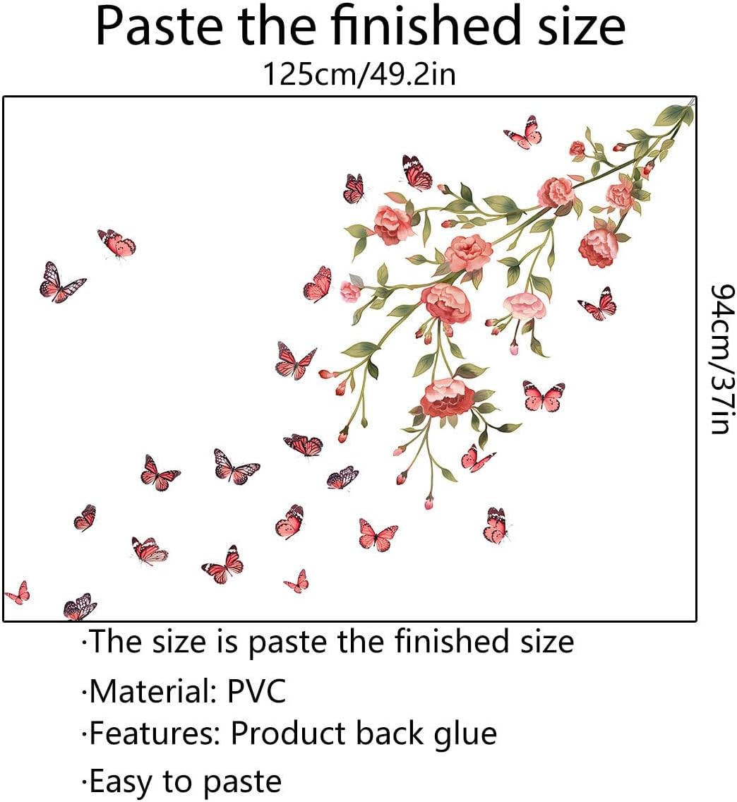 Adhesivo de pared de flores rojas con diseño de mariposas revoloteantes, decoración de pared de plantas florales, papel tapiz para despegar y pegar,