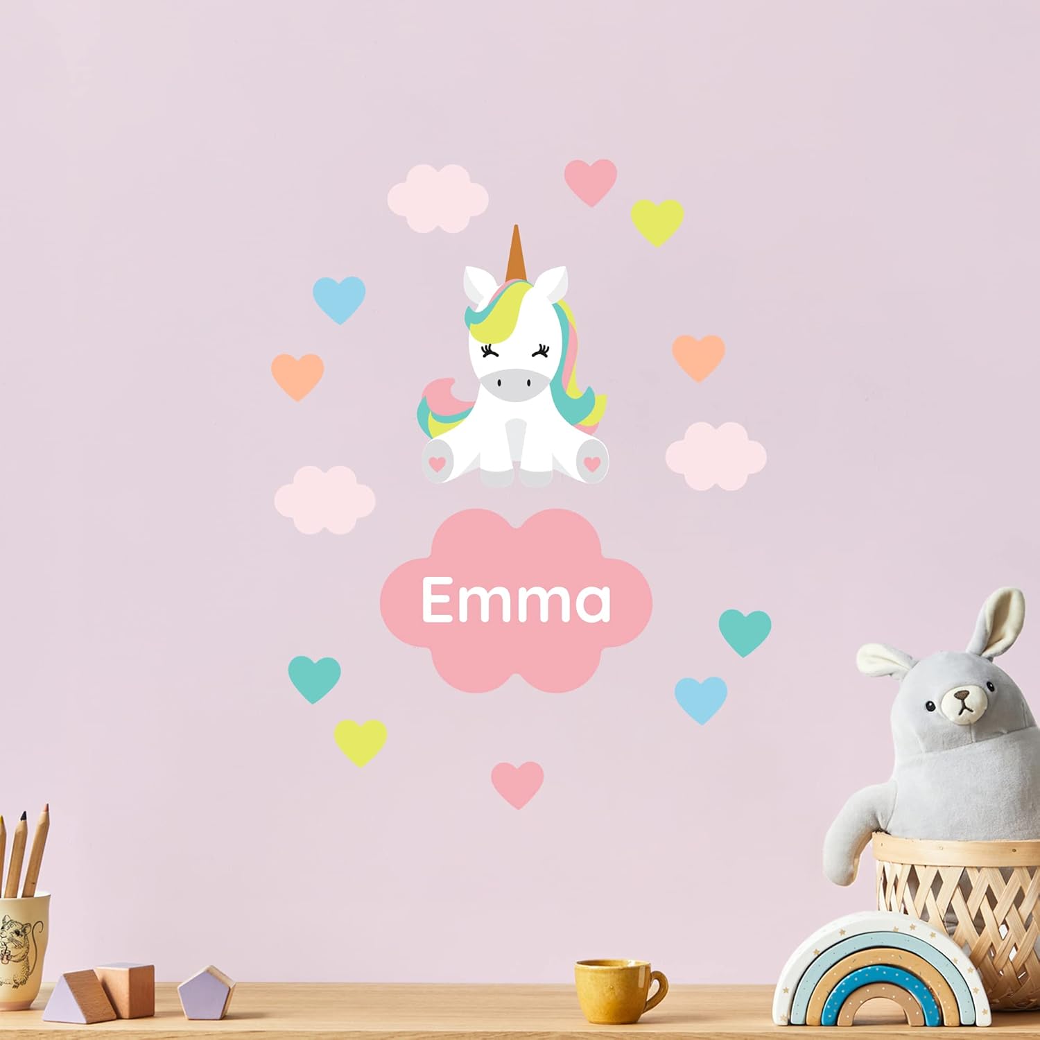 Teddylabels – Calcomanías de puerta reutilizables de unicornio sentado para habitaciones de niños con personalización de nombre – Calcomanías de