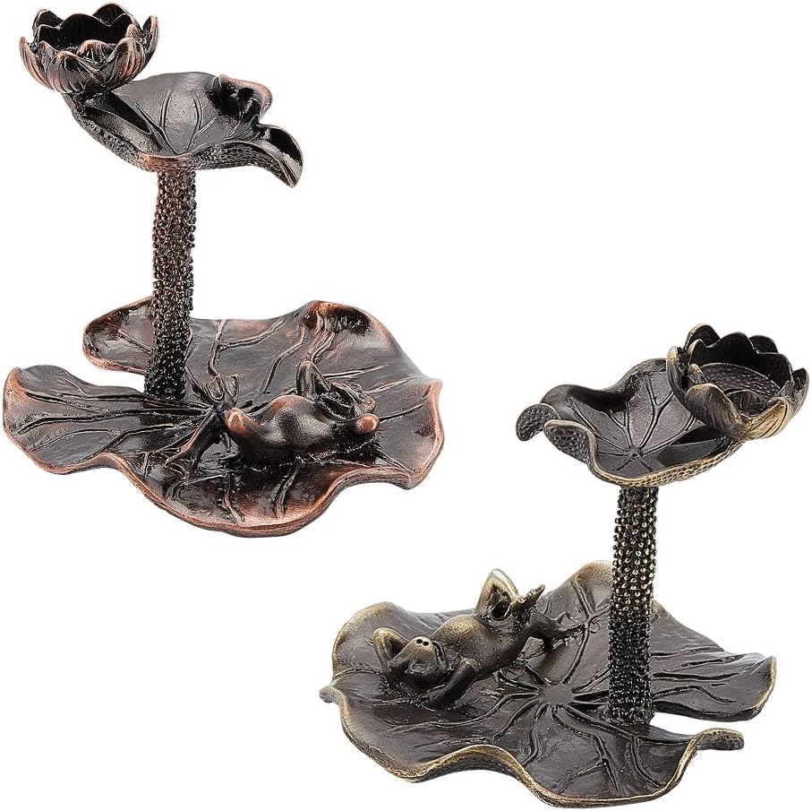 OLYCRAFT Soporte para cono de incienso en cascada de aleación, 2 unidades, con reflujo, de loto, vintage, hoja, rana, quemador de incienso para