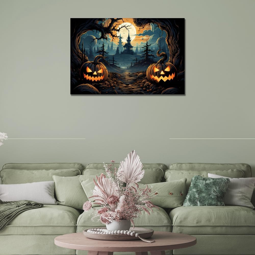 Decoración de muebles de Halloween, farol de calabaza, arte para pared, póster de terror de castillo negro con cara sonriente de calabaza, impresión