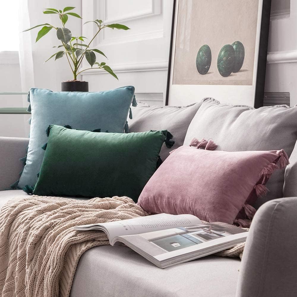 MIULEE – Paquete de 2 fundas de cojín decorativas lisas, de terciopelo suave con borlas y flecos, decoración bohemia para sillón, cama, sofá, de