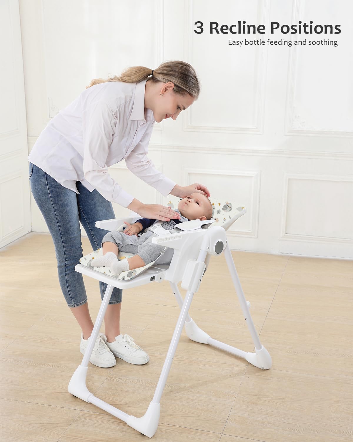 ACE1023-GS – Trona para bebés de 6 meses con reino de fantasía, plegable, reclinable, bandeja doble, silla alta de alimentación fácil de limpiar