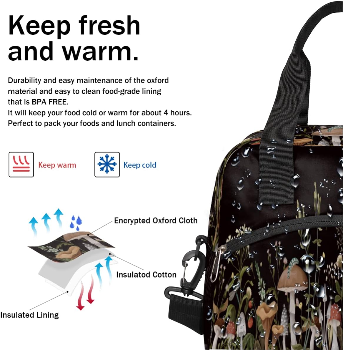 Lonchera con diseño de hongos del bosque, bolsa aisladaenfriadora para mujeres, hombres, niñas, niños, hojas de hierbas, bolsa de almuerzo con