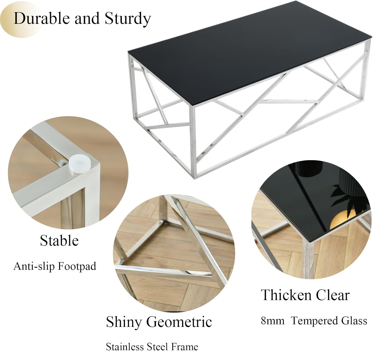 WOKER FURNITURE Mesa de centro de cristal negro con marco de acero inoxidable plateado, mesa de centro rectangular moderna con vidrio templado negro