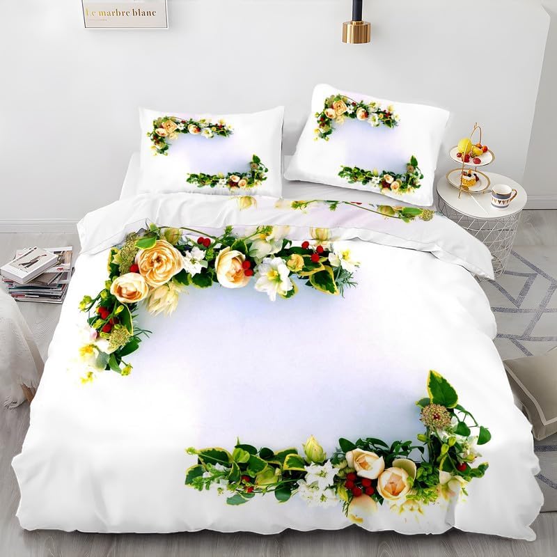 White Small Flowers California King Duvet Cover Floral Print Bedding Soft Microfiber Comforter Cover and 2 Pillow Shams 20″X36″, Bed Set Duvet