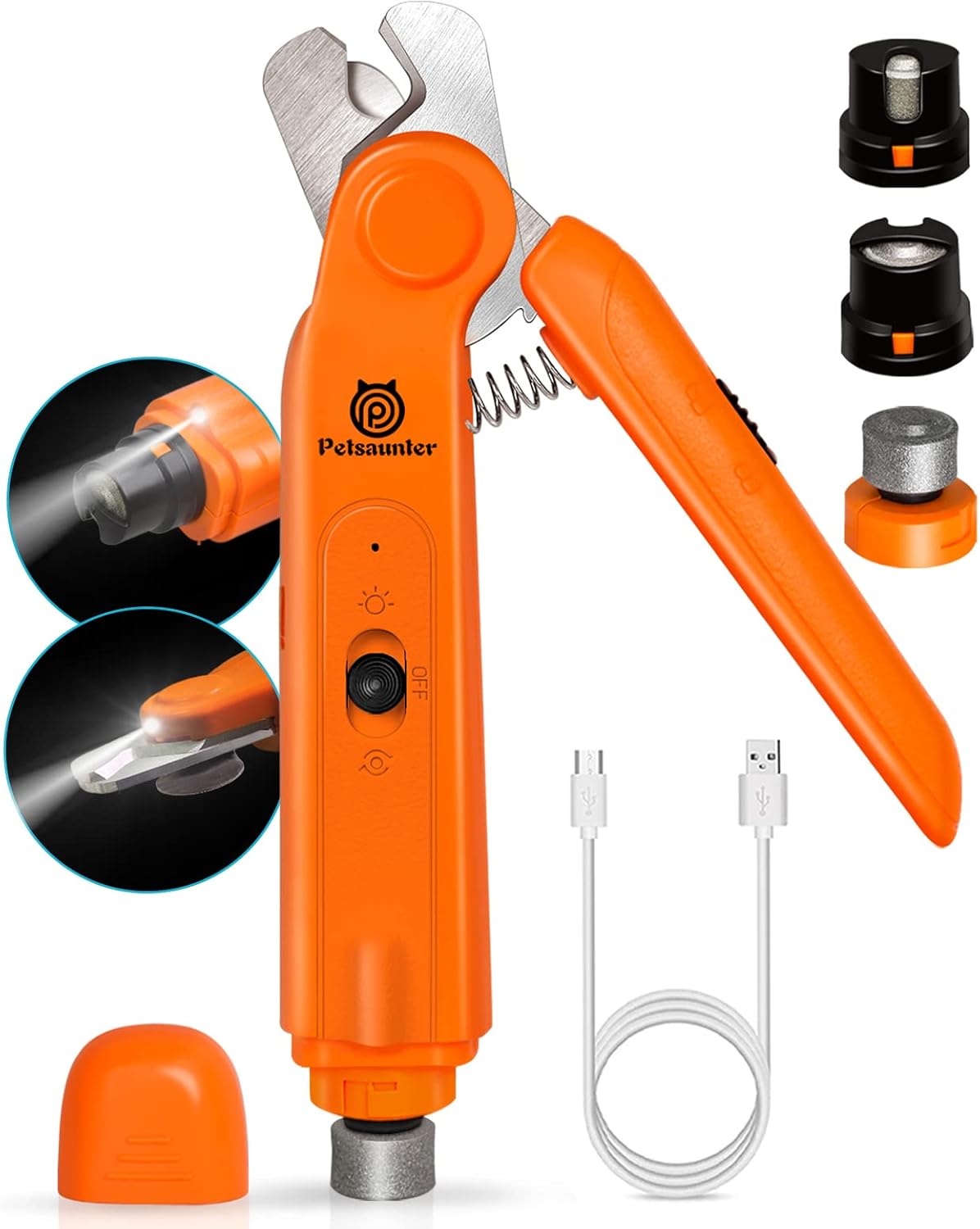 Cortaúñas y amoladora 2 en 1 para perro, 2 luces LED y protector de seguridad para perro, recortadores de uñas avanzados silenciosos y afilados para
