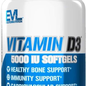 Evlution Nutrición Vitamina D3, 5000 UI de alta potencia, apoyo óseo y articular para la salud del sistema inmunológico, sin OMG y sin gluten, Evlution Nutrición Vitamina D3, 5000 UI de alta potencia, apoyo óseo y articular para la salud del sistema inmunológico, sin OMG y sin gluten,