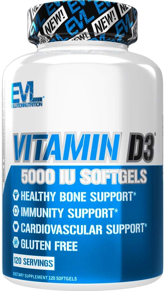 Evlution Nutrición Vitamina D3, 5000 UI de alta potencia, apoyo óseo y articular para la salud del sistema inmunológico, sin OMG y sin gluten,