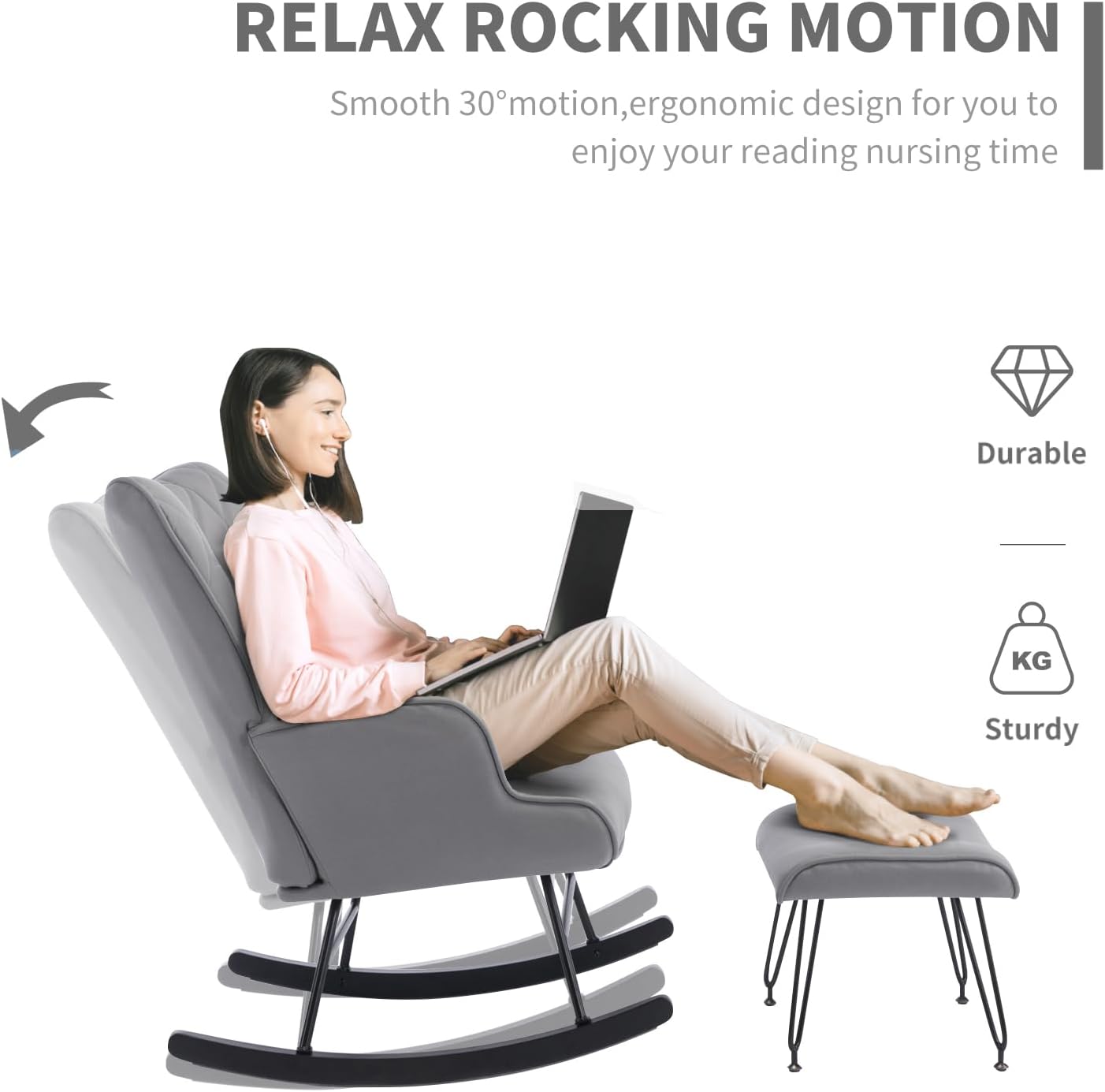 Mecedoras de guardería con silla tapizada de tela para guardería y sala de estar, silla de guardería incluye otomana y almohada lumbar, color gris