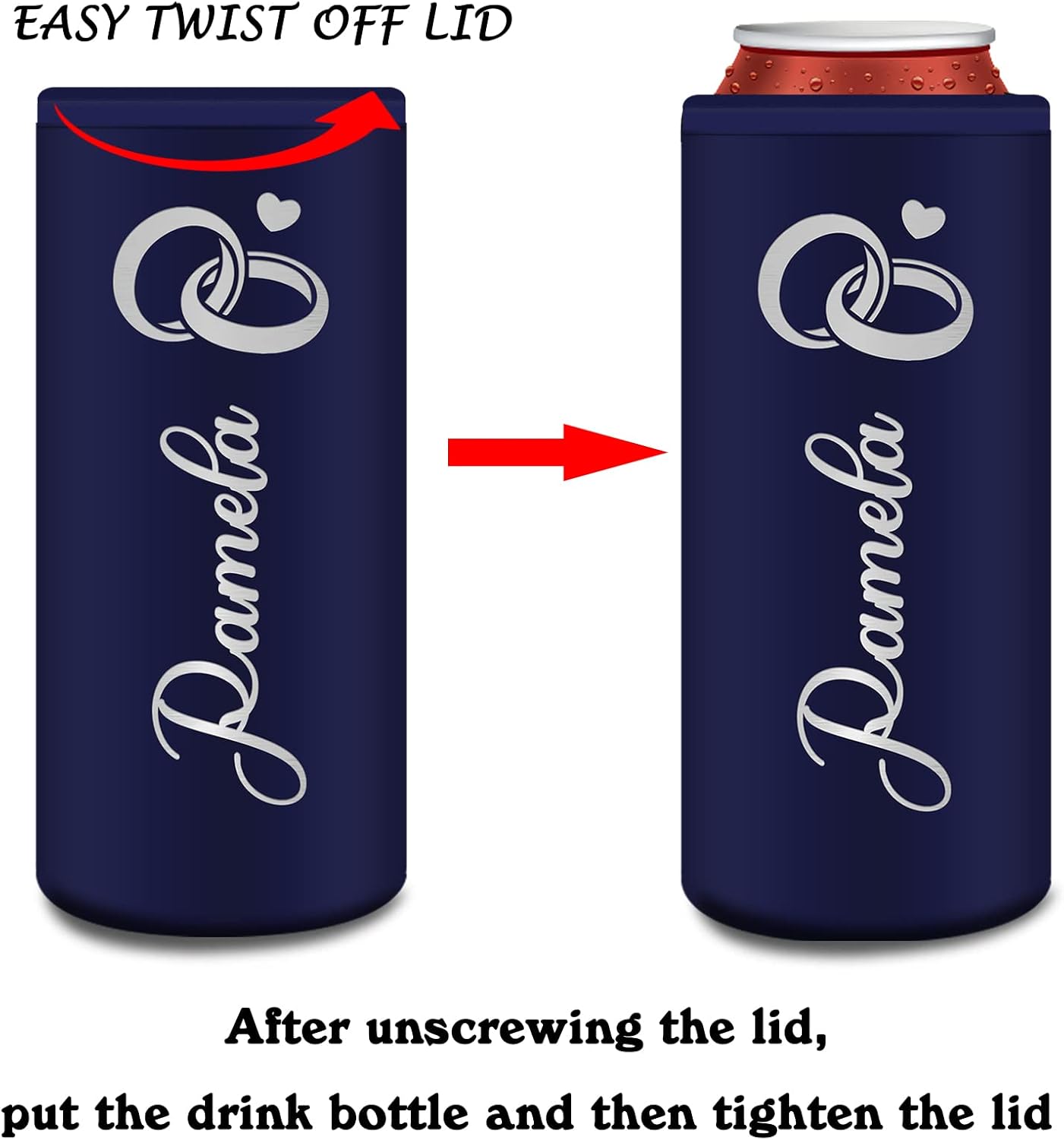 Enfriador de latas personalizado grabado de acero inoxidable personalizado de 12 onzas, funda delgada para latas con nombre, soportes de cerveza de