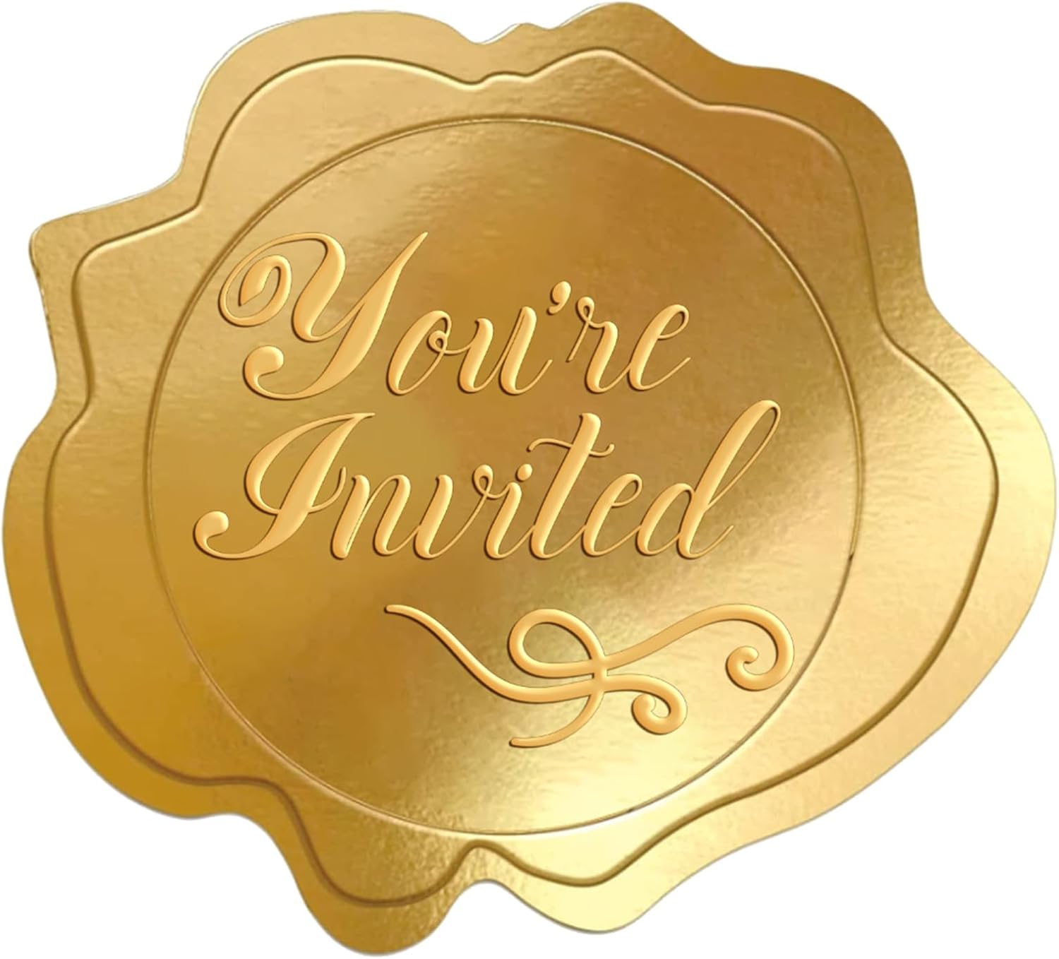 AnyDesign 500 unidades de sellos de papel de aluminio dorados en relieve con texto en inglés “You’re Invited”, calcomanías autoadhesivas para