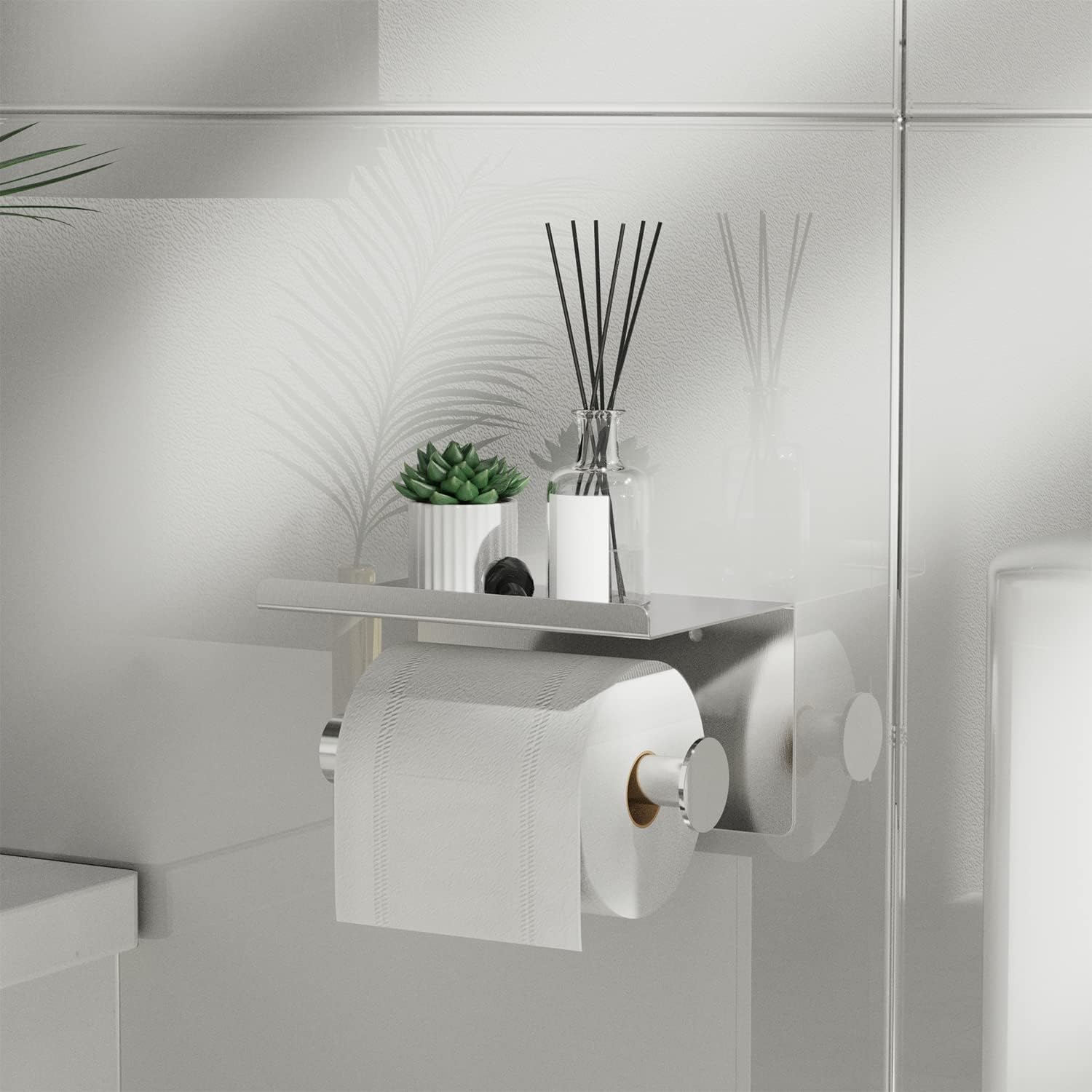 Soporte de papel higiénico adhesivo con estante para teléfono, soporte para rollo de papel higiénico montado en la pared, soporte para rollo de