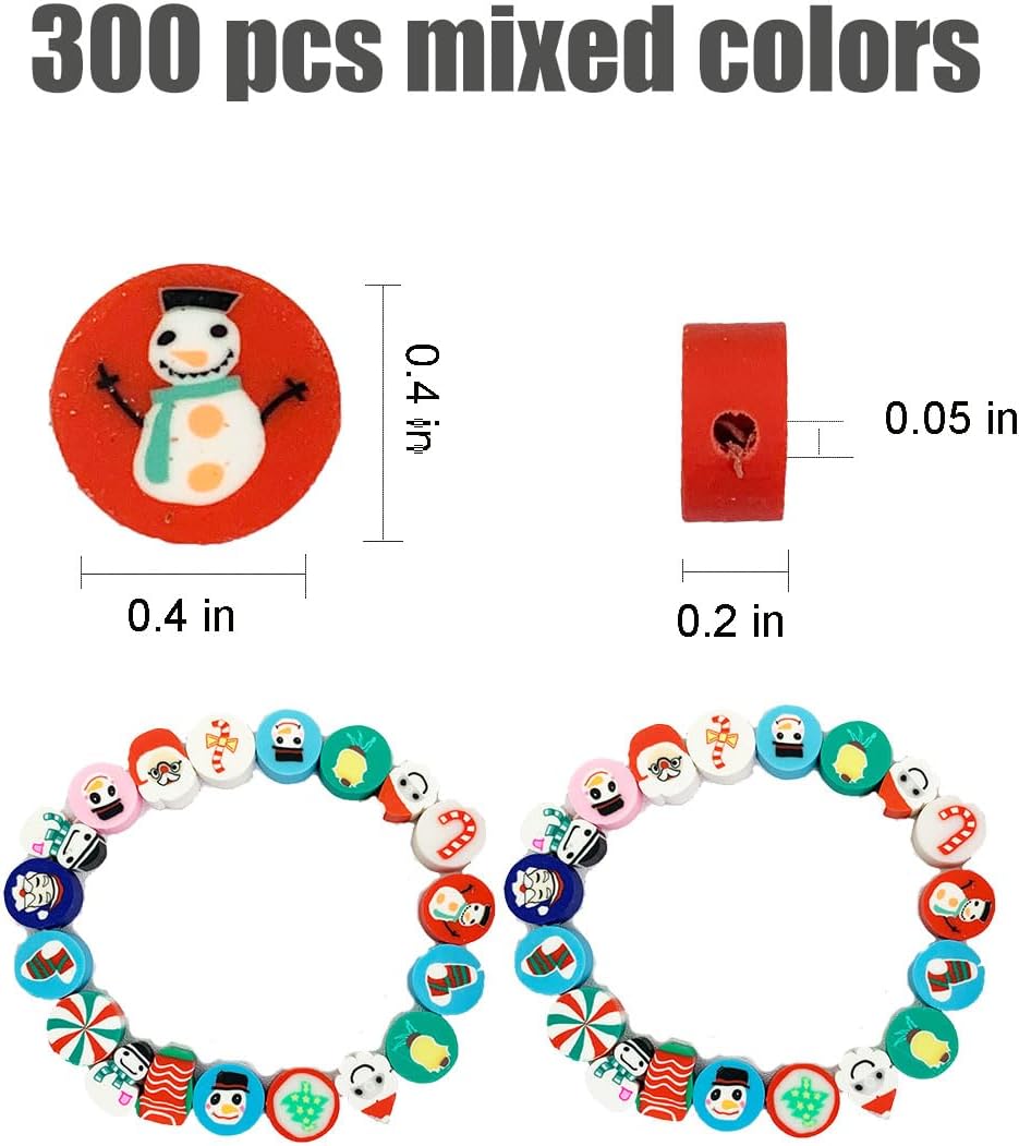 300 cuentas de arcilla polimérica hechas a mano de Navidad, cuentas espaciadoras de arcilla polimérica de 0.394 pulgadas para mujeres y niñas,