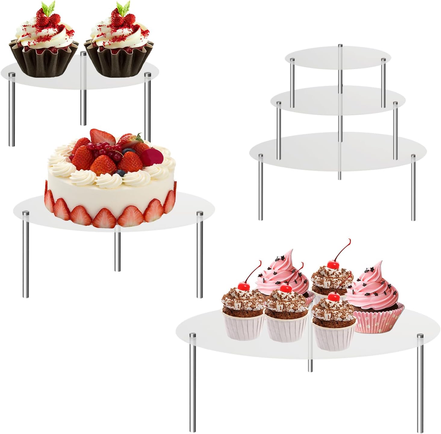 3 soportes de acrílico transparente para tartas, soporte redondo para cupcakes, soporte para tartas, postre, pastel, pizza, postre, exhibidor de