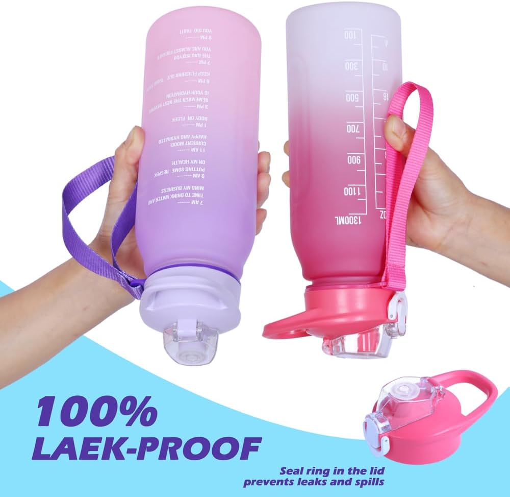 2 botellas de agua deportivas de 40 onzas, botellas de agua motivacionales con marcador de tiempo y popote, sin BPA, a prueba de fugas, botella de
