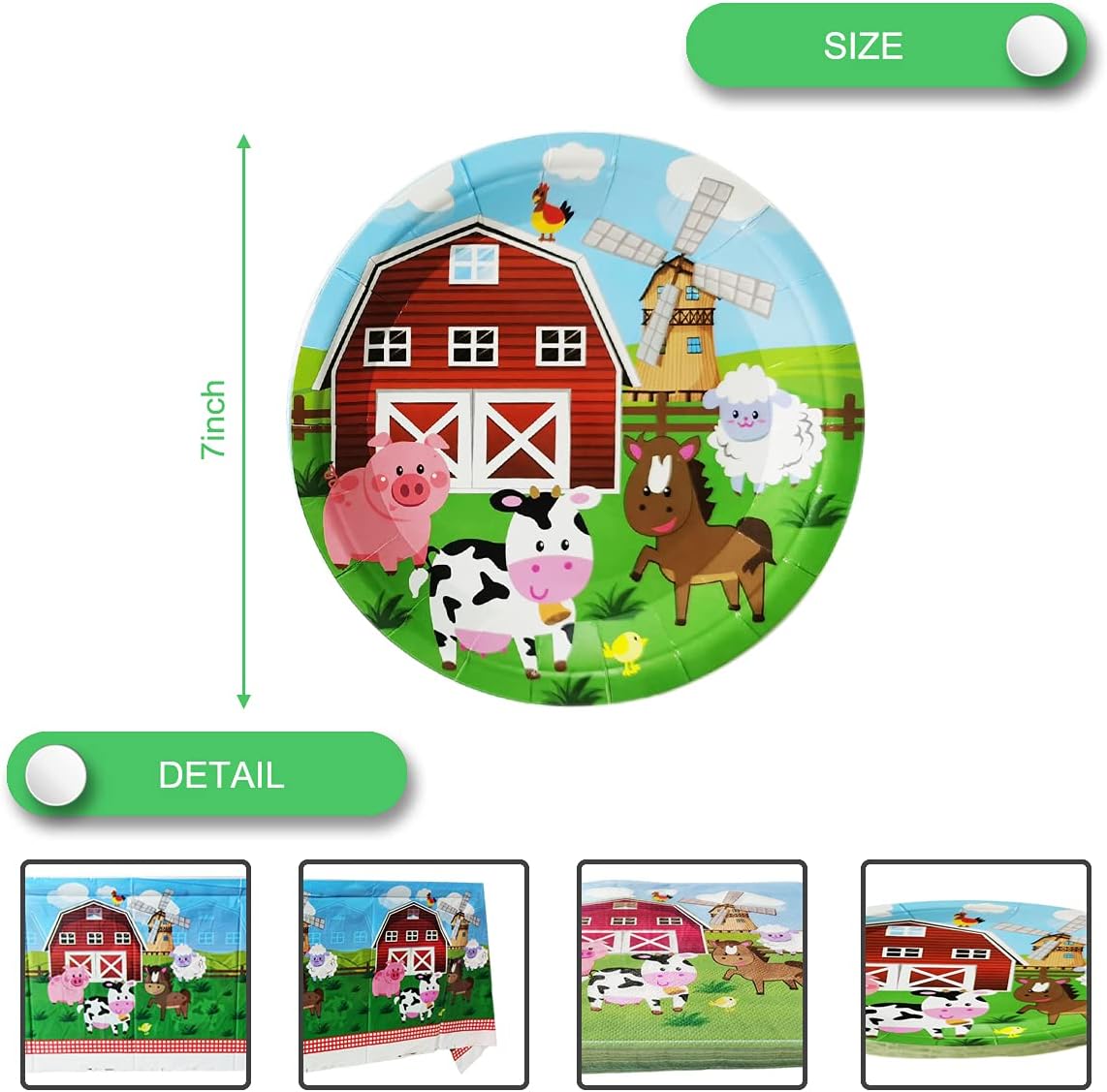 Juego de vajilla de fiesta de animales de granja, 20 platos y 20 servilletas y mantel de 71 x 42 pulgadas, suministros de decoración de fiestas