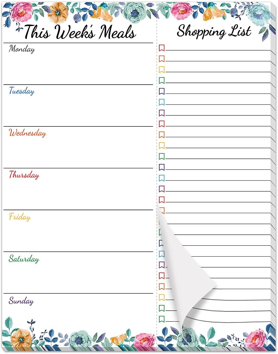 Planificador semanal de comidas, bloc de notas magnético floral para refrigerador, almohadilla de planificación de comidas con lista de comestibles